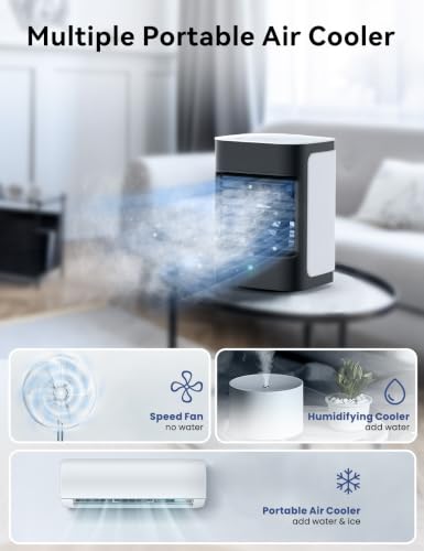 Image of Portable Air Conditioners, 3-IN-1 Mini Evaporative Air Cooler | Top-fill Tank, 3Speeds&3 Modes, 7H Cooling, 100 Oscillation, 7 Color Lights, Type-C Powered, Whisper-Quiet for Bedroom, Desk