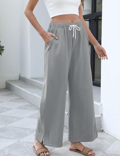 Image of Athlisan Womens Baggy Wide Leg Palazzo Pants Casual Loose Drawstring Elastic Waisted Lounge Trousers with Pockets