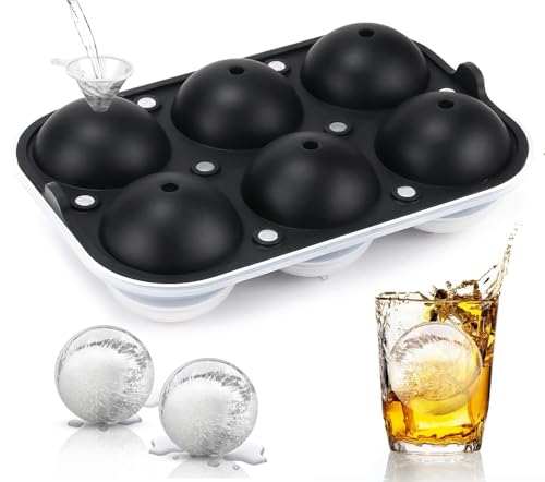 Image of Premium Imported Ice Ball Maker | Silicone 6 Cavity Easy Release 6Cm Round Whiskey Mould with Lid & Funnel for Cocktail & Bourbon - (Color-Black, Weight-300Grams) (Black, Standard, Round)