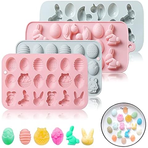 4PCS Easter Silicone Chocolate Moulds, Egg Rabbit Duck Basket Shape Candy Mould, LIUCONGBD Bunny Baking Mould for Party Jelly Gummy Crayon Biscuits Ice Cube Cake Decorations Cover