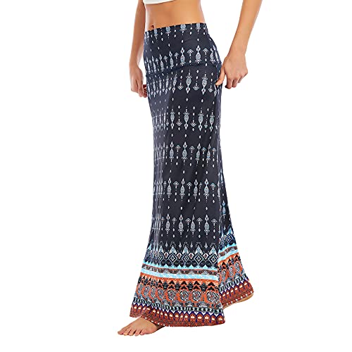 Image of Zando Long Skirts for Women Casual High Waisted Maxi Skirt Trendy Dresses Workout Stretchy Flared Black Skirt for Girls, Blue Orange Floral, Large