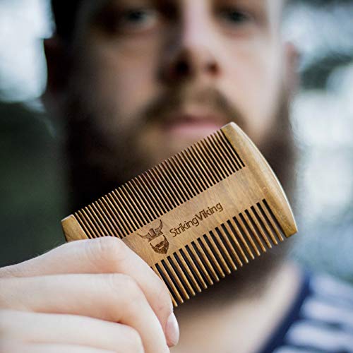 Striking Viking Wooden Beard Comb & Brown Carry Case - Natural Sandalwood Beard and Mustache Comb with Fine & Coarse Teeth - Anti-Static Pocket Comb for Everyday Carry- Perfect for Use with Balms and Oils