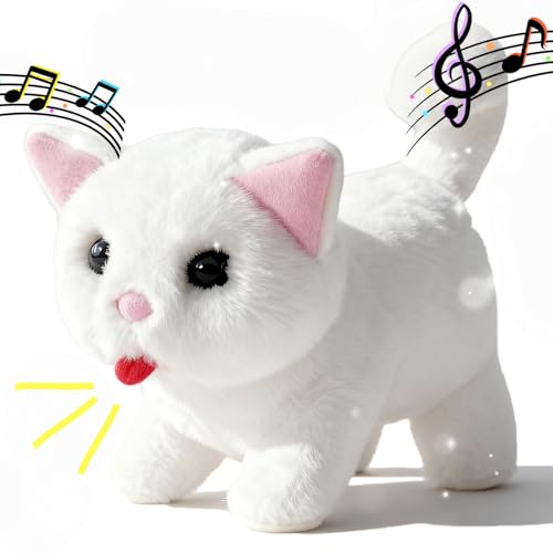 YJNDYHQ My Realistic Cat Toy - Interactive Robot Kitten with Meows, Walks & Tail Wagging - Premium Soft Plush Stuffed Animal for Cat Lovers - Bring Endless Joy and Warmth (White)
