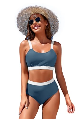 Image of Womens High Waisted Bikini Sets Sporty Crop Top Color Block Swimwear Bandeau Scoop Neck Vintage Two Piece Bathing Suits