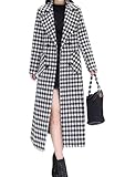 chouyatou Women's Houndstooth Notched Collar Double Breasted Overcoat Plaid Wool Blend Long Trench Coat (Medium,Black)