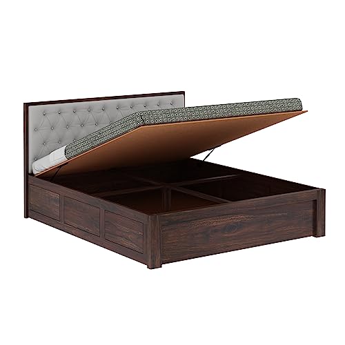 Image of Ganpati Arts Solid Sheesham Wood Decan King Size Bed with Hydraulic Storage and Upholstery Headboard (Walnut Finish)