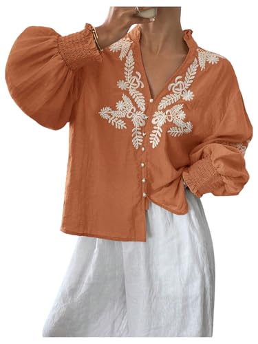 SHENHE Women's Embroidered Linen Shirts Button Up Bishop Sleeve V Neck Boho Blouse