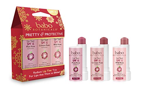 Babo Botanicals 70+% Organic Tinted Lip Conditioner SPF 15, Holiday Trio, Water-Resistant Lip Balm - 3-Pack 0.15 oz, pink (SG_B075G17BXV_US)