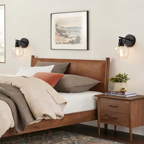 Image of Indoi Matte Black Wall Sconces Set of 2, Clear Glass Vanity Light Fixtures with E26 Base, Reversible Up or Down Wall Lights for Living Room, Bathroom, Bedroom, Hallway, Kitchen