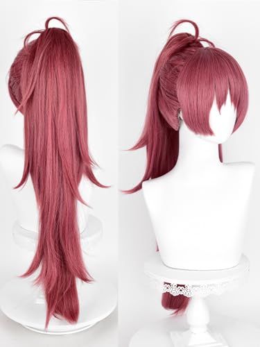 Image of Half and Half Kyoko Cosplay Wig Red Pink Anime Ponytail Wigs with Bangs 29.5'' Long Dark Red Wigs for Women Halloween Party Daily