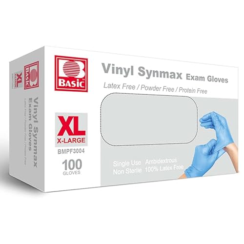 Image of Basic Medical Synmax Vinyl Exam Gloves - Latex-Free & Powder-Free - X-Large, BMPF-3004 Blue Box of 100