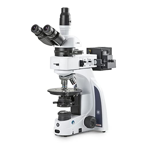 Image of iScope Trinocular Compound Microscope EWF 10x /20mm Eyepieces, Plan Polarization PLPOLRI 5 /10 /20 /S50x iOS Objectives, 160mm Round Stage. Rotatable 60 Polarizer Slider with Analyzer. Globe | Euromex