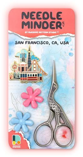 Image of Awesome Pattern Studio Needle Minder Set - San Francisco Magnetic Needle Minder + 2 Needle Threaders + Crane Scissors. Enamel Pin for Cross Stitch, Embroidery and Craft