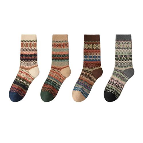 4 Pairs of Cute Socks with Vintage Pattern Comfy Cotton Crew Socks Breathable Seamless Bohemian Nordic style Unisex