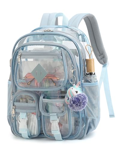 Lreneilu Clear Backpack Heavy Duty for Girls Boys See Through Transparent Kids Bookbag for School Work Stadium Sport Travel Light Blue