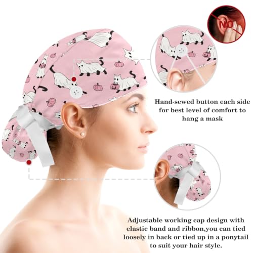 Image of Butterfly Scrub Cap Women with Ponytail & Buttons Adjustable Surgical Nurse Hat with Cotton Sweatband for Long Hair