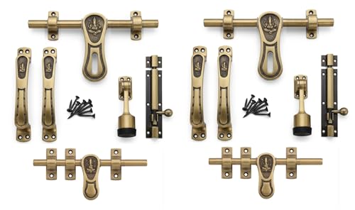 Image of Pack of 2 Set Aluminium Single Door Fitting Hardware Set (Antique Finish; 10-Inch) - Ganesh Design Kit (Aldrop; Latch; Handles; Tower Bolt & Stopper)