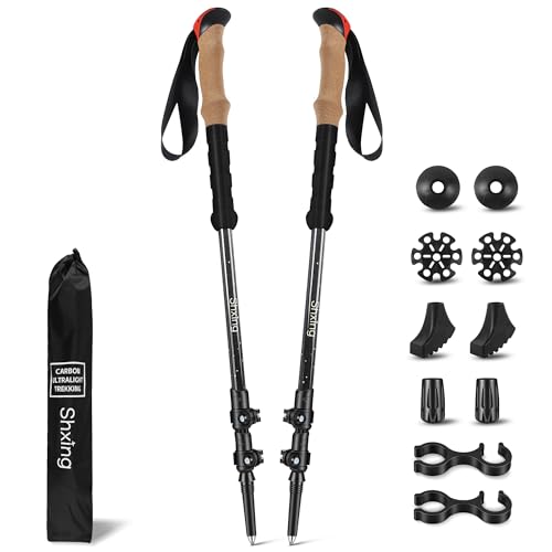 Shxing Bâtons de randonnée télescopiques Lot de 2, 200 g chacun, réglables 62–135 cm, en Carbone, poignée liège + EVA, Verrouillage Aluminium,...
