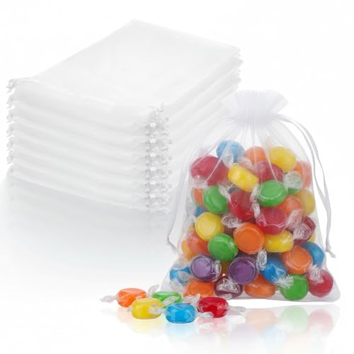 SHENLIU 50 Stück 13x18cm Organzabeutel Transparent Geschenk Hochzeit Säckchen Weiß Organzasäckchen mit Kordelzu Für Weihnachten Gastgeschenk Hochzeit Taufe Geburtstag Party