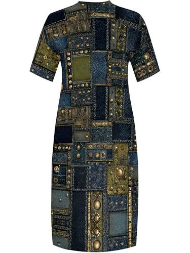 Image of SUZONANA Plus Size Denim Print Maxi Dresses for Women Casual V Neck Short Sleeve with Pockets Soft Jean Look Dress XL-6XL