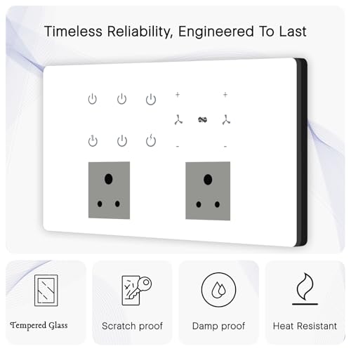 Image of IOTICS Smart Wifi Switch Board: 6 x Switch, 2 Fan & 2 Smart Plug Module. Touch Control, Remote, App Control. Voice Control with Alexa & Assistant. Smart Touch Switch Board For Home Automation (White)