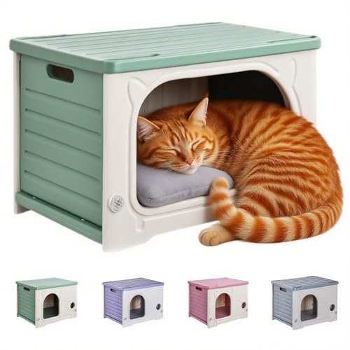外猫ハウス 屋外 夏 キャットハウス 屋外 防水 ドッグハウス 屋外 ペットハウス 耐重 通気性 雨よけ 防風 防雨 換気 組立簡単 丸洗い キャッ 小型犬、猫、屋外に適しています(ト毛布付き)(グリーン)