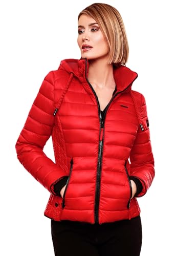 Navahoo Damen Steppjacke XS-XXL leichte Übergangsjacke mit abnehmbarer Kapuze, wasserabweisend, taillierter Schnitt B650 (M,Rot)
