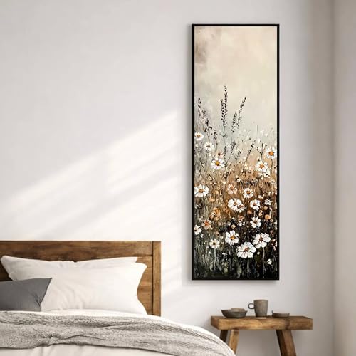 Image of Elegant Daisy Floral Vertical Wall Painting Framed Canvas Wall Art, Modern Nature Flower Artwork for Living Room Dining Area Bedroom Decor, Premium Ready to Hang Home Interior Wall Frame (13x47 Inch)