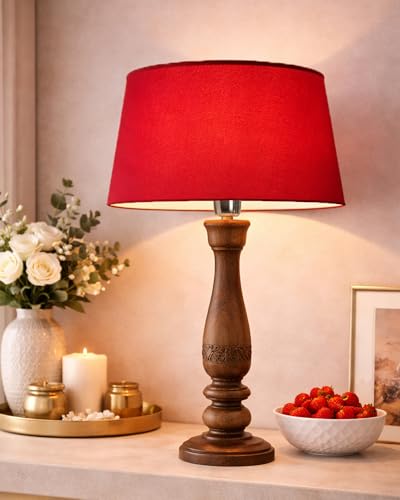 Image of Homesake Handcrafted Wooden Table Lamp for Bedroom & Living Room | Decorative Bedside Reading Lamp with Fabric Shade, E27 Holder | Bulb Included | Black Floral Carved Base for Home Decor, Red Drum