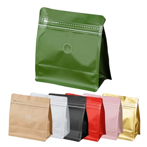 Roppolo 50 Pcs 0.5lb Green Sqaure Coffee Bean Bags with Valve Repeating Sealed Zipper & Heat-Seal Stand Up Coffee Bag Capacity(8 oz Green Square)