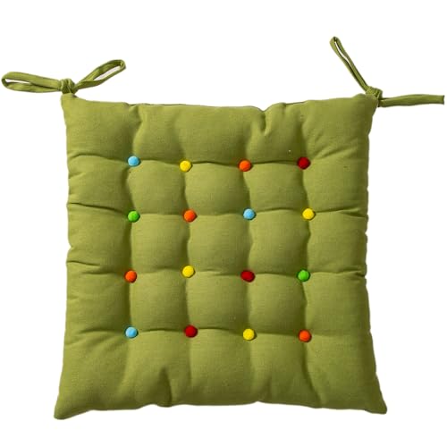 vctops Cotton Linen Chair Cushion Square Chair Pads with Ties Colorful Pompom Non Slip Seat Cushions for Indoor Dining Room and Kitchen Chairs (Green,1 Count)