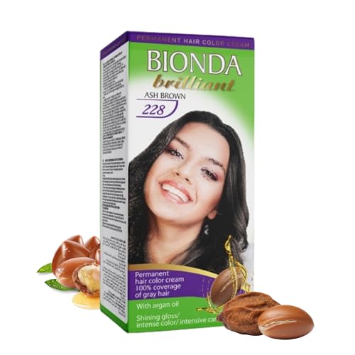 Tinte y coloración permanentes BIONDA Brilliant, 100 ml, 100 % canas, con aceite de argán, fórmula de aceite nutritiva, brillo intenso, raíz y longitudes completas (228 marrón ceniza)