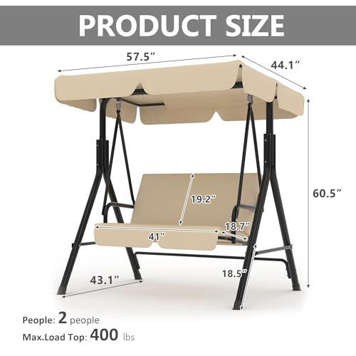 Image of Garvee Outdoor Porch Swing with Adjustable Canopy, 3-Seat Patio Swing Chair with Stand, Heavy Duty Outdoor Swing for Adults, Metal Frame Patio Swing for Garden, Backyard & Poolside,Khika