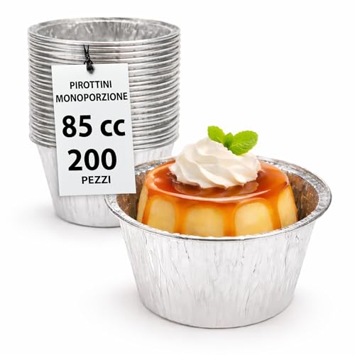 GM 200 Pirottini Alluminio Budino 85cc, Cocotte Monoporzione da Forno, Vaschette Alluminio monouso circolari da 6,5cm, Stampi per Dolci monoporzione Usa E Getta, Stampi per Muffin adatti al Microonde.