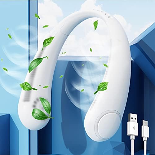 KEMOO Portable Neck Fan,HandsFree Personal Fan Mini USB Neckband Fan Rechargeable,Cooling Hanging Fan 3 Speeds Wearable Necklance Fan, Headphones Design for Outdoor Sports Indoor Office-White