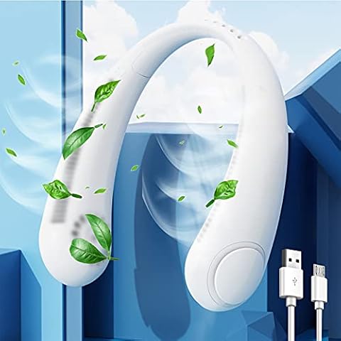 Portable Neck Fan,HandsFree Personal Fan Mini USB Neckband Fan Rechargeable,Cooling Hanging Fan 3 Speeds Wearable Necklance Fan, Headphones Design for Outdoor Sports Indoor Office-White Cover