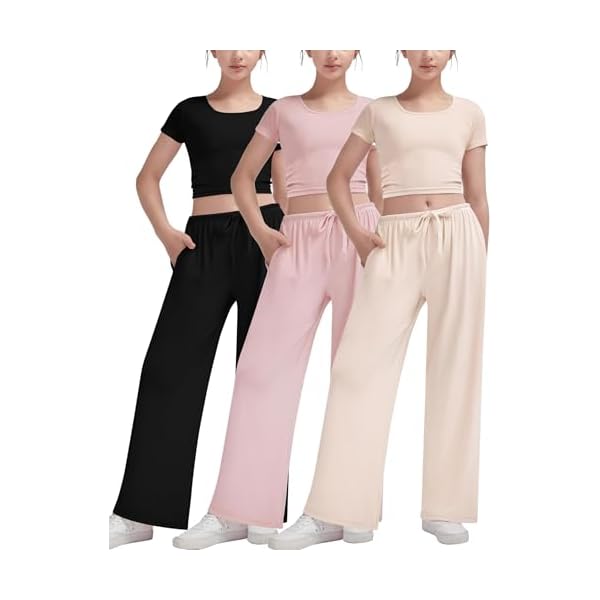 EXARUS Girls 3 Pack Lounge Sets Outfits 2 Piece Ruched Cropped Short Sleeve Drawstring Wide Leg Pants With Pockets
