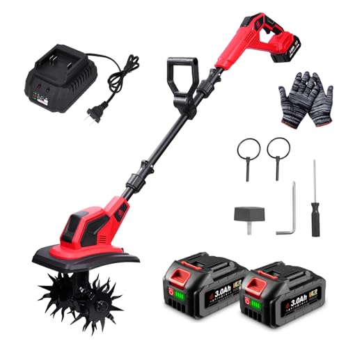 Cordless Tiller Cultivator, 360RPM Electric Garden Tiller with 2×3.0AH Batteries & 1.5A Fast Charger, Battery Powered Garden Cultivator, 9.5In Tilling Width & 6.7In Depth Garden Rototiller