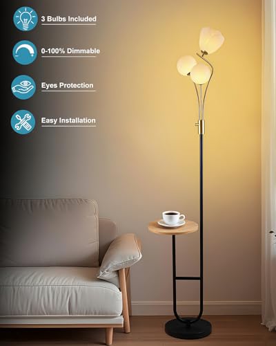 Image of Lightdot 65IN Floor Lamp with Tray Dimmable LED Floor Lamps with 3000K Bulbs Included, Unique Metal Pole Mid Century Modern Tall Standing Lamp for Living Room /Bedroom /Sofa Beside /Corner Decor