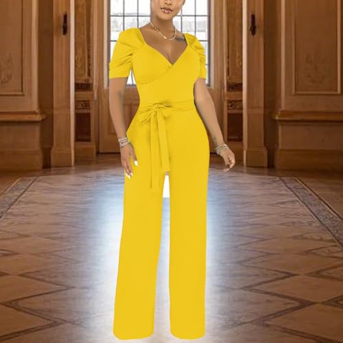 Image of PaladMom Womens Elegant Plus Size Jumpsuits Sexy Back zipper Short Sleeve Mid Waist Wide Leg Straight Rompers