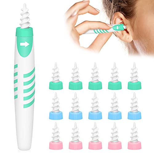 Nettoyeur d'oreilles Nettoyant pour oreilles en spirale amélioré avec poignée et 16 embouts lavables Kit de nettoyage des oreilles pour adultes (Vert) Cover