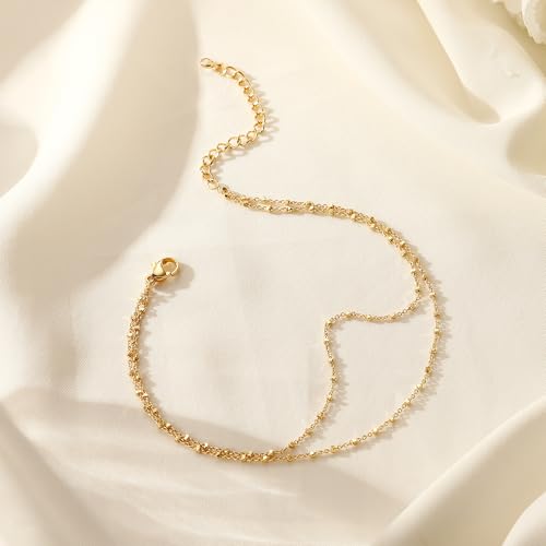 Image of Ritach Ankle Bracelets for Women - Silver /Gold Plated Stainless Steel Anklets for Women Waterproof Layered Cuban Link Figaro Chain Heart Anklets Set Summer Beach Jewelry Gifts