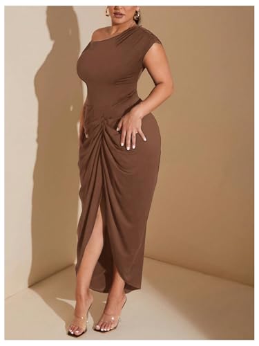 Image of Floerns Women's Plus Size Asymmetrical Neck Long Dress Ruched Slit Hem Cocktail Dress