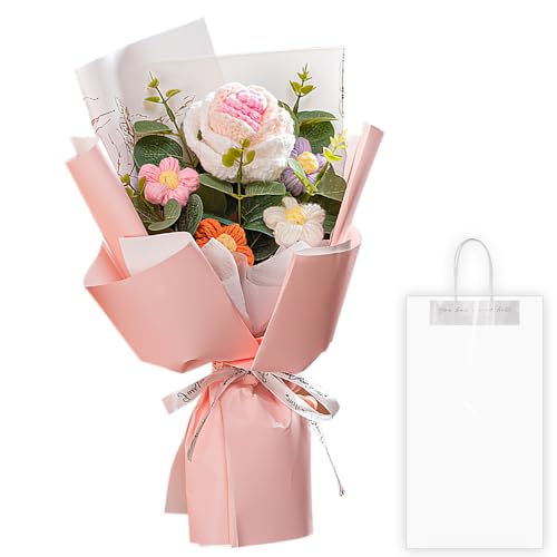 KBIBCK Crochet Flowers Bouquet Rose Handmade Knitted Bouquet with LED Lights & Gift Bags Crochet Artificial Flower for Birthday Mothers Day Graduation Wedding Valentines Day (Gradient Powder)