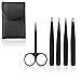 Produktbild Augenbrauen Pinzette Set, 5tlg Pinzetten Set aus Edelstahl, Flacher/Haken/Schräger/Spitzbrauen Clip, Schere und Ledertasche, Unisex Tweezers für Gesichtshaarentferner, Eyebrow und Haare (Black)