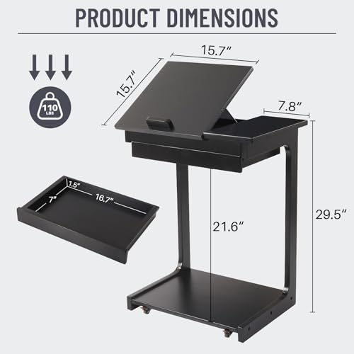 Image of Uniclinens C Shaped End Table for Couch, Rolling Side Table with Wheels Adjustable, Solid Wood TV Sofa Arm Eating Tray Table for Multi-Purpose, Small Coffee Table Living Room Bedroom, Black