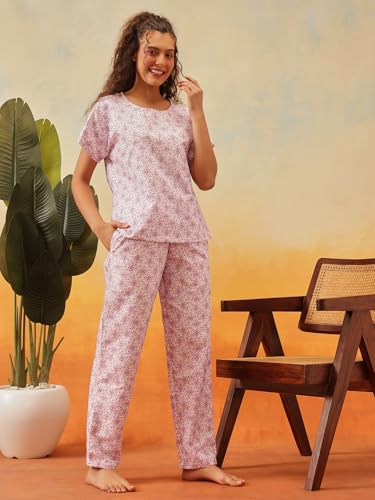 Image of Clovia Women's Floral Print T-Shirt & Pyjama Korean Night Suit for Girls | Rayon Korean Night Dress Set | Comfortable Multicolor Sleepwear