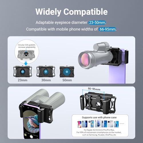 Upgraded Spotting Scope Phone Adapter, Rotatable 360° Binocular Photo Adapter for Android & iPhone for Monocular Microscope Spotting Binocular Smartphone Digiscoping with Remote Shutter