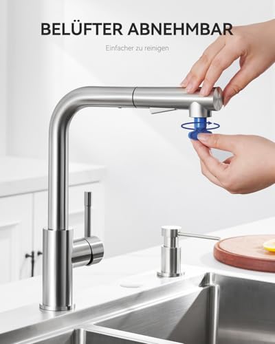 Sofetiy Wasserhahn Küche Ausziehbar, Küchenarmatur mit Brause Zwei Wasserstrahlarten, Hochdruck Armatur Küche, Spültischarmatur Edelstahl Gebürstet, Einhebel Mischbatterie Küche 360° Drehung