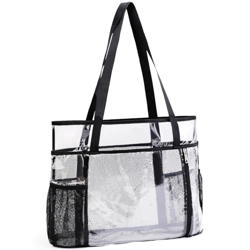 TINYAT Große Netz-Strandtasche für Damen, transparente Tragetasche, Schultertasche mit wasserdichter Reißverschlusstasche, durchsichtige Schwimmtasche für den Urlaub, Schwarz/W905
